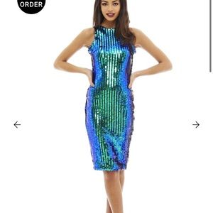 Blue green mermaid sequin bodycon dress party bachelorette swiftie AX uk 10